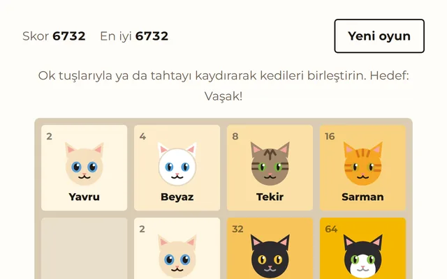 Kedi 2048 oyunundan bir görüntü